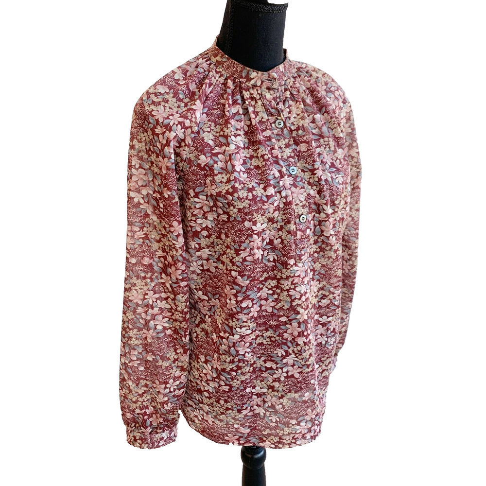 Vintage 60s Miss Fashionality Sheer Polyester Button Floral Popover Shirt 13/14